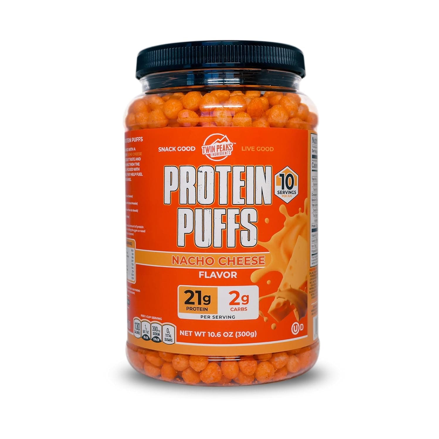 Twin Peaks Protein Puffs - (Nacho Cheese), Keto Friendly, Low Carb Snack (300g, 21g Protein, 2g Net Carbs, High Protein, Healthy Crunchy Snack). by Twin Peaks - nullg protein