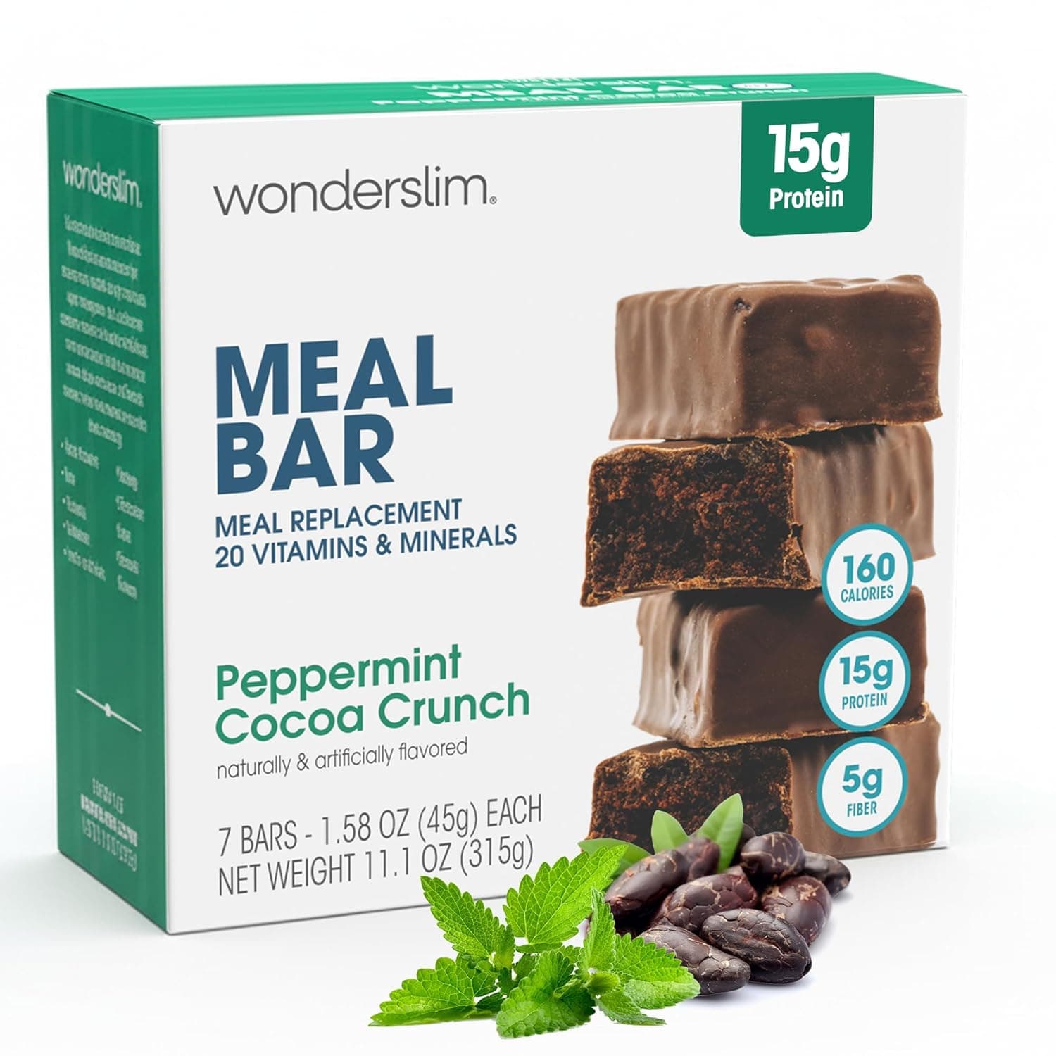 WonderSlim Meal Replacement Protein Bar, Peppermint Cocoa Crunch, 15g Protein, 20 Vitamins & Minerals, Gluten Free (7ct) - nullg protein protein bars