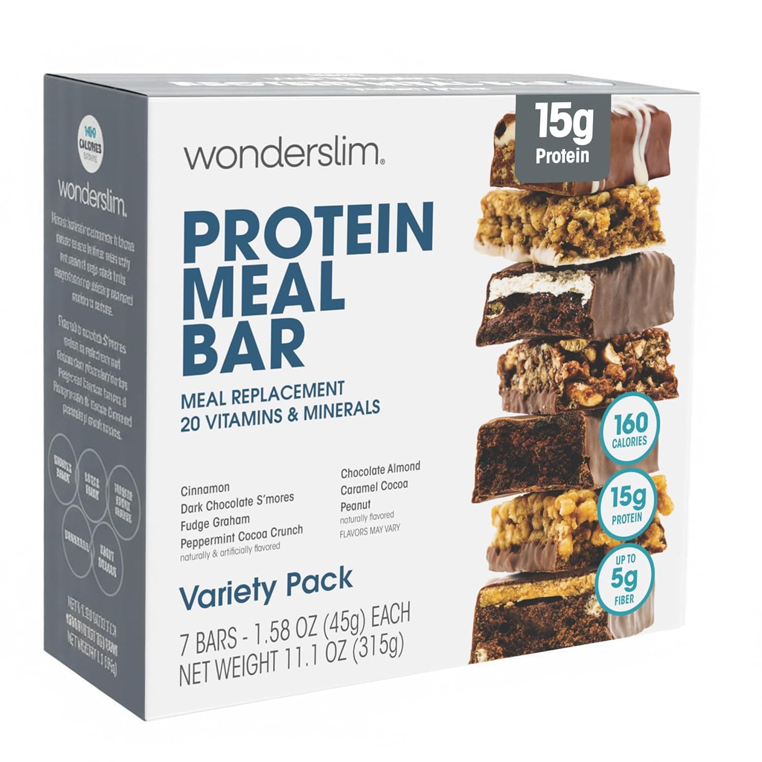 WonderSlim Meal Replacement Protein Bar, Variety Pack, 15g Protein, 20 Vitamins & Minerals (7ct) by WonderSlim - nullg protein